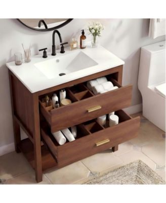 30" Modern Bathroom Cabinet with Sink, Ceramic Integral Basin, 2 Soft-Close Drawers and Open Shelf, Space-Saving Bathroom Storage Solution