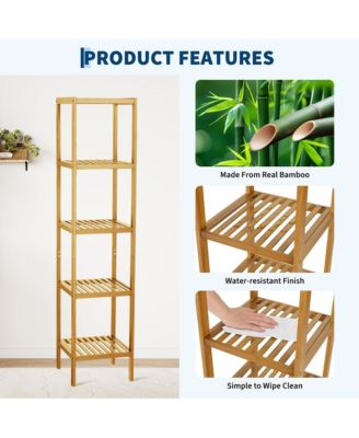 5-Tier Bamboo Shelf Narrow Bathroom Shelf with Slatted Shelves Wood Plant Stand Standing Towel Rack Corner Rack