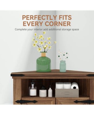 Farmhouse Corner Storage Cabinet with Barn Doors and Adjustable Shelves, Space Saving Organizer for Bathroom, Kitchen and Living Room