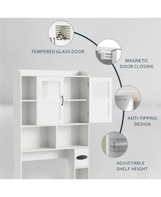 Over Toilet Storage Cabinet with Glass Doors and Adjustable Shelves, 67.4 in Tall Bathroom Organizer for Bath or Laundry