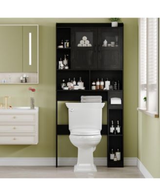 Over Toilet Storage Cabinet with Glass Doors and Adjustable Shelves, 67.4 in Tall Bathroom Organizer for Bath or Laundry