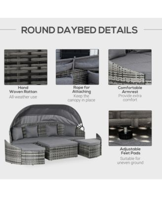4-Piece Outdoor Rattan Furniture Set, Round Convertible Patio Daybed or Sunbed, Sectional Sofa with Canopy, Pillows, Cushions, Footrest, Table, PE Plastic Wicker, Grey