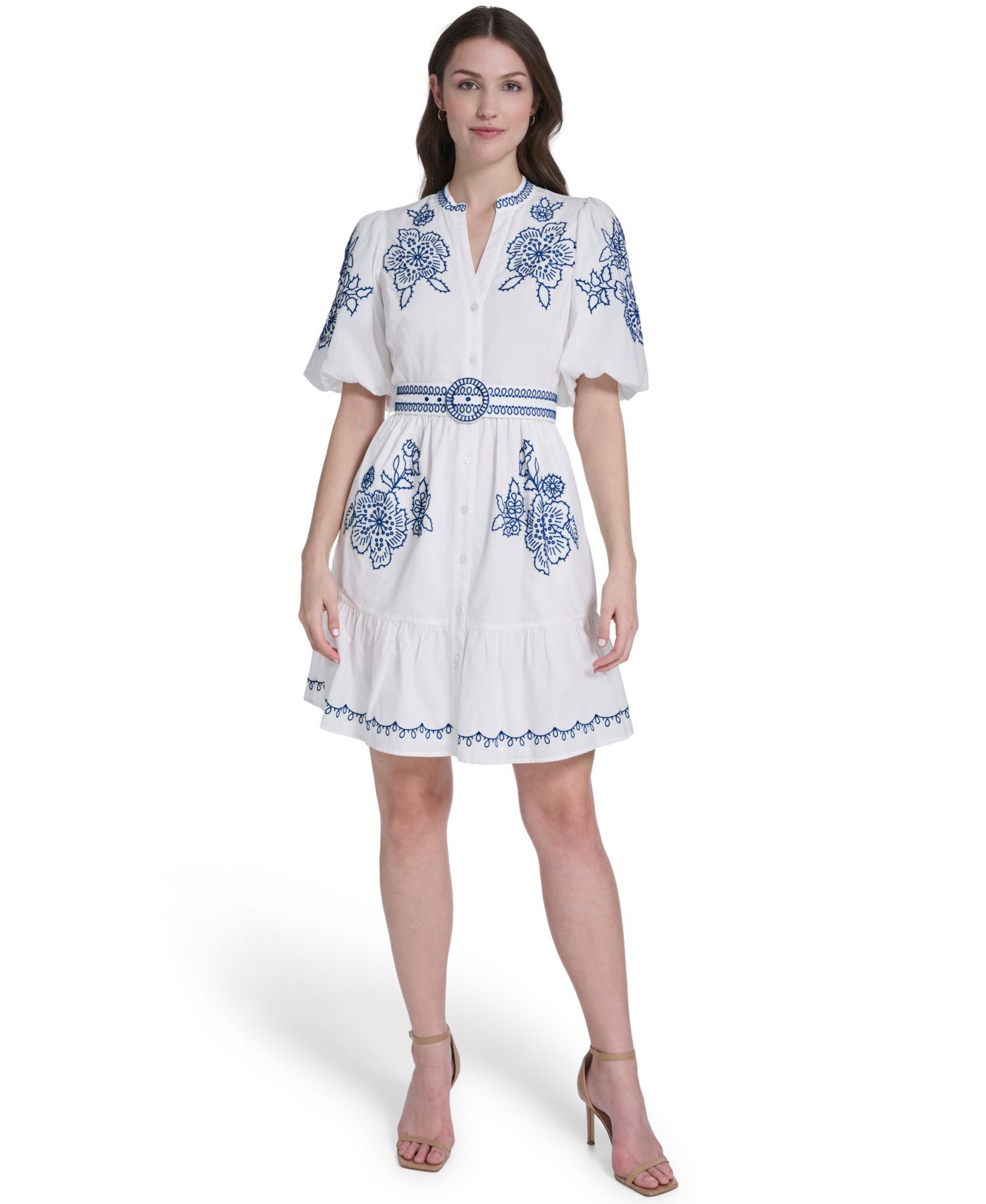Women's Mandarin Collar Belted Shirt-Dress