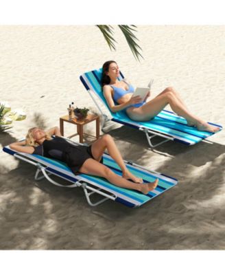 2 Pieces 5-position Lay Flat Beach Recliner with Carry Strap and Metal