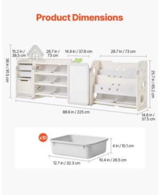 4-Tier Kids Toy Storage with Bookshelf, Drawing Board and 10 Bins, 88.6 x 36 in