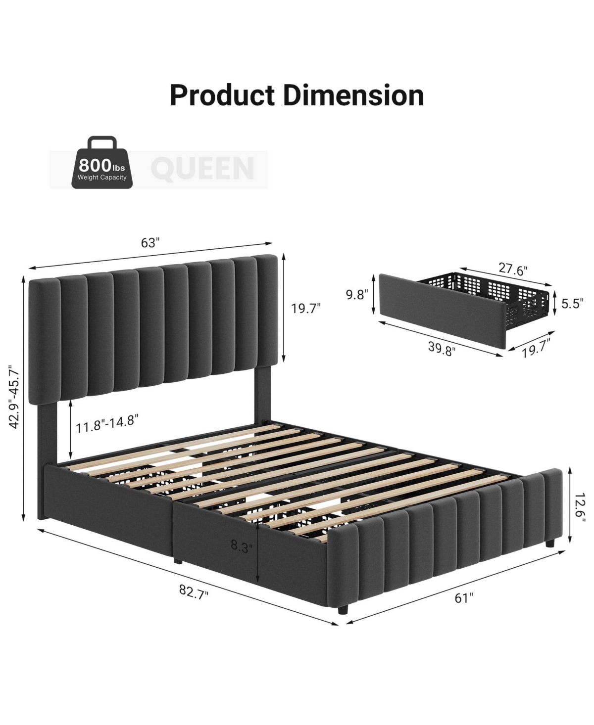 Homfan Bed Frame with 4 Storage Drawers, Adjustable Height Headboard