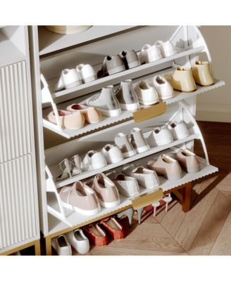 Fluted Shoe Cabinet with 2 Flip Drawers, Open Shelf and Metal Legs, Slim Entryway Storage for Hallway and Foyer