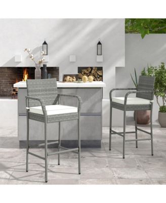 Set of 2 Rattan Patio Bar Stools Outdoor Bar Height Chairs w/ Cushions