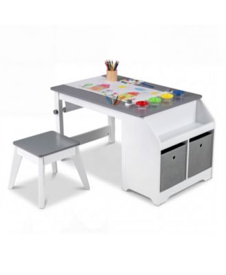 Kids Art Table and Stool Set with Paper Roll and 4 Paint Cups