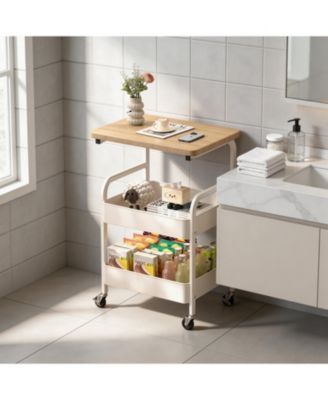 Sturdy 3-Tier Metal Utility Cart with Wooden Tabletop - Lockable Wheels, Multipurpose Storage Shelf