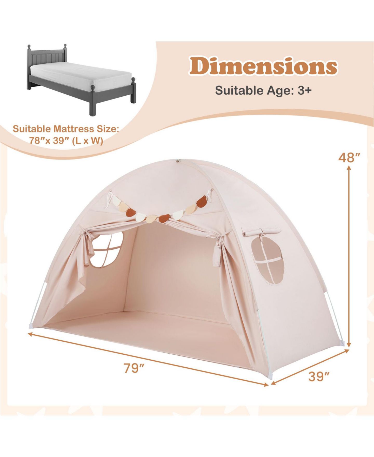 Детская игрушка Slickblue Twin Size Indoor Canopy Tent with Mesh Windows, Ages 3+, цвет: Бежевый — фото 3