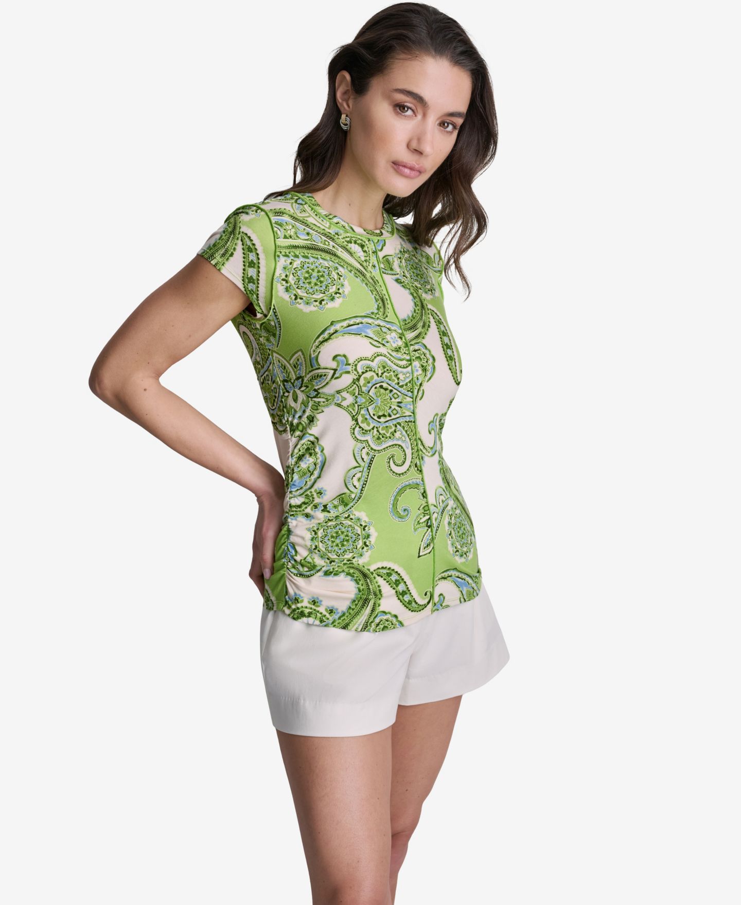 Женский топ BCBG Paisley Print Crewneck Cap-Sleeve, цвет: Зелёный — фото 3