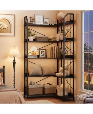 Industrial L-Shaped Corner Bookshelf, 5-Tier Bookcase Storage Display Shelf
