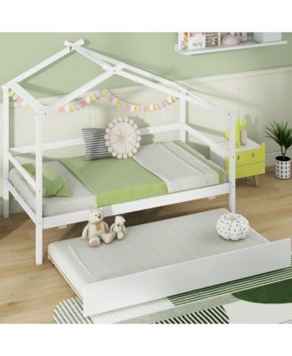 Twin House Bed w/ Trundle w/ Roof and Fence Rails Wooden Platform Bed Frame