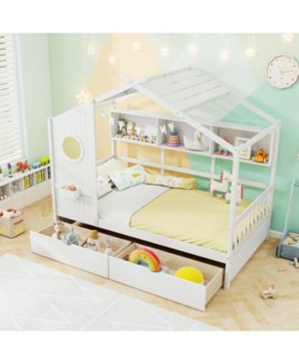 House Bed Kids Bed Frame w/ 2 Storage Drawers & Fence Guardrails