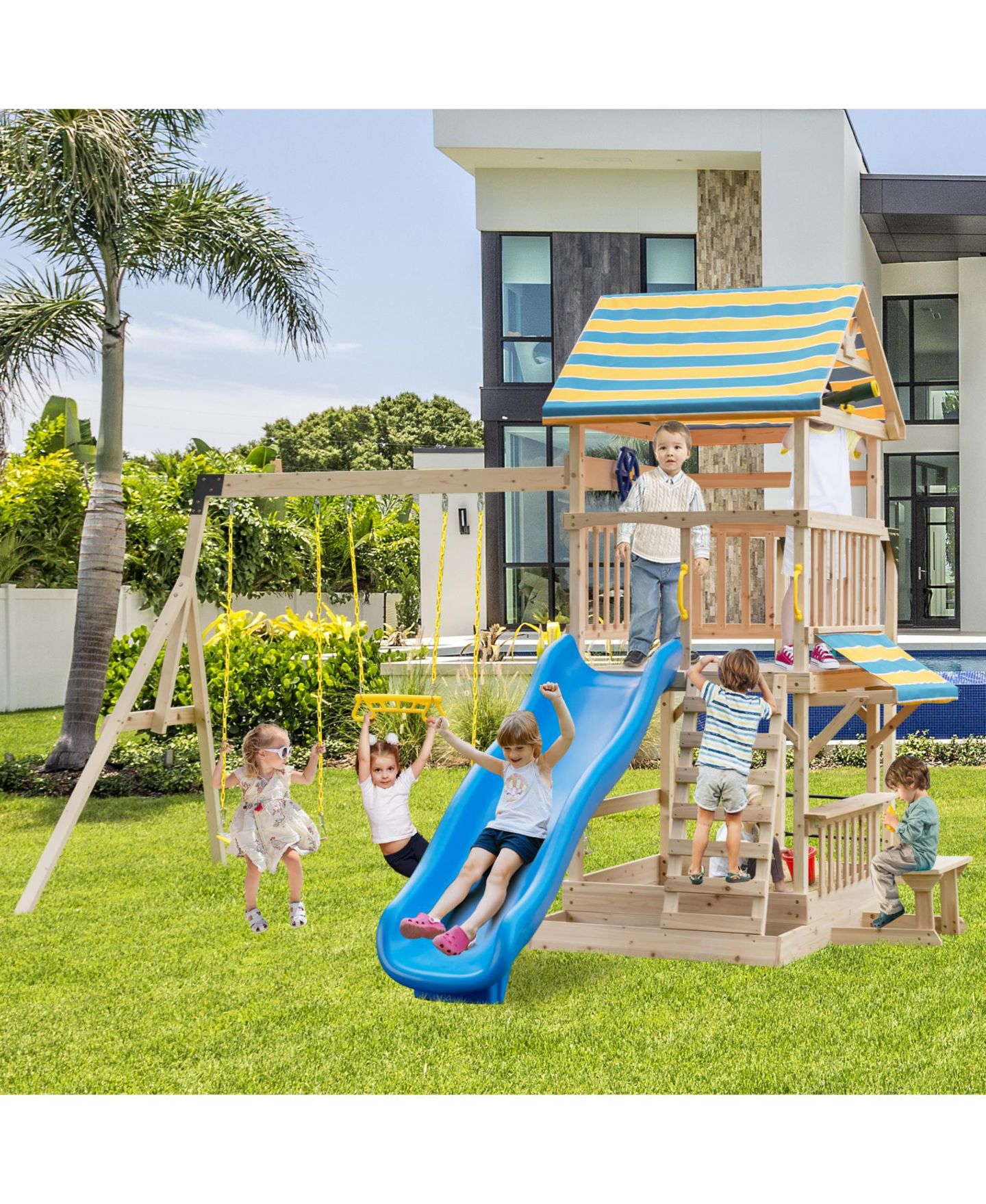 Детские игрушки Slickblue Wooden Swing Set with Slide, Deck and Steering Wheel, For Up to 10 Players, Ages 3+, цвет: Коричневый — фото 2