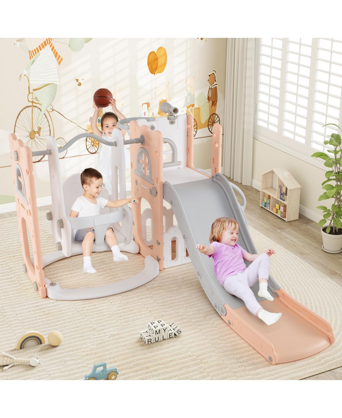 Детские игрушки Slickblue 7 in 1 L-Shaped Toddler Slide and Swing Set, Ages 1+, цвет: Серый — фото 2