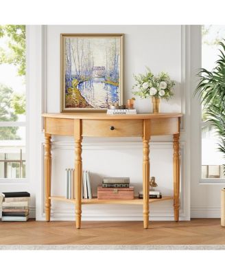 Farmhouse Half Moon Console Table with Drawer & Shelf
