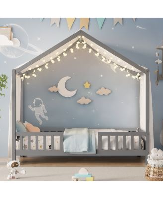   Montessori House Floor Bed with Canopy and Railings