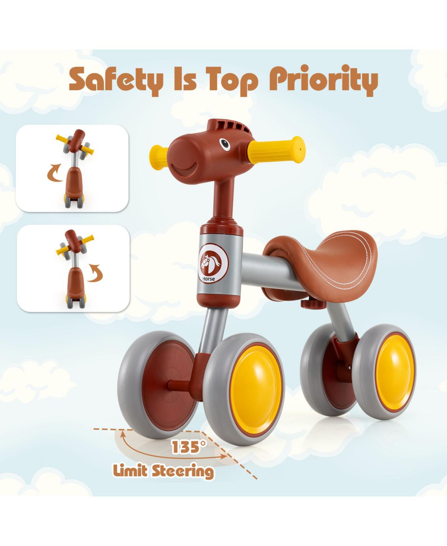 Детская игрушка Slickblue Baby No-Pedal 4-Wheel Balance Bike, Ages 18-36 Months, цвет: Коричневый — фото 9