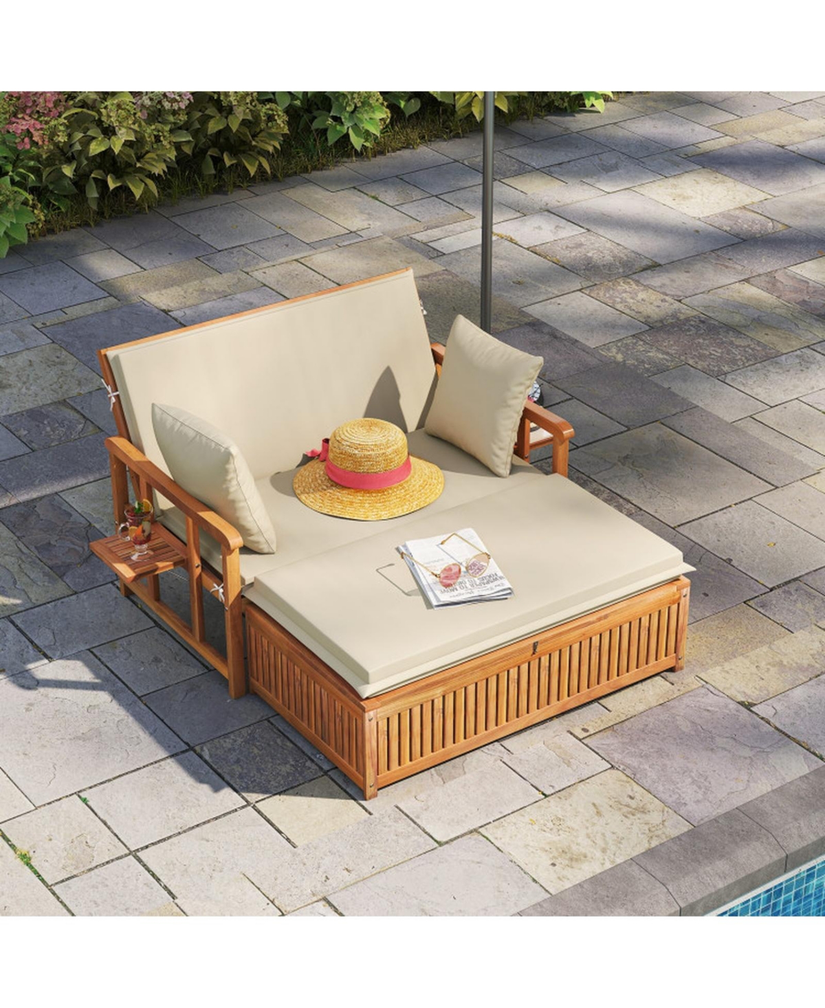 Gouun Acacia Wood Outdoor Daybed with Storage Ottoman and Removable Cushions