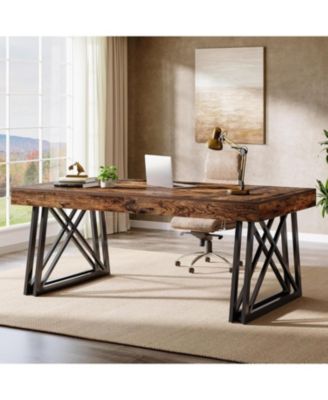 Executive Desk with X-Shaped Legs, 63'' Farmhouse Office Computer Desk, Large Writing Table