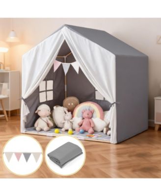 Grey Kids Indoor Play Tent with Soft Cotton Mat and Flag Banner