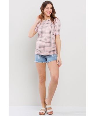 Maternity Plaid Ruched Puff Sleeve Fitted Top