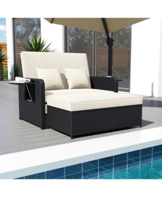 PE Wicker Outdoor Daybed with 4-Level Adjustable Backrest and Ottoman