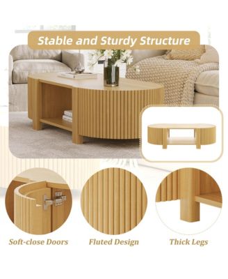 47" Fluted Oval Center Table, Mid Century Modern Coffee Table with Storage Shelves and 2 Open Doors for Home Living Room