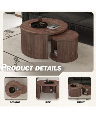 Modern Circular Nesting Coffee Table Set of 2, 31.5" Main Table and 18" Stackable Side Table, Wooden Round Center Table for Living Room