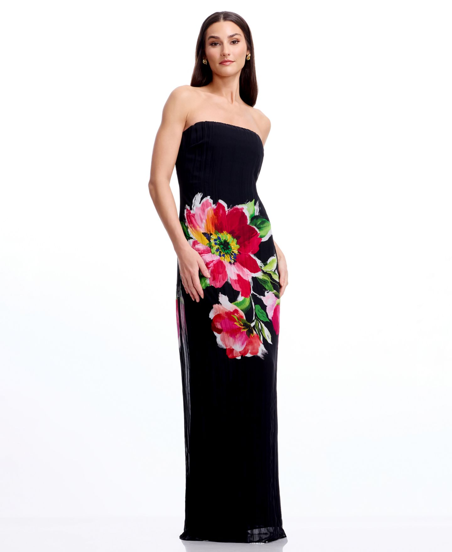 Женское платье Dress the Population Floral Print Strapless Long Gown, цвет: Чёрный разноцветный — фото 3