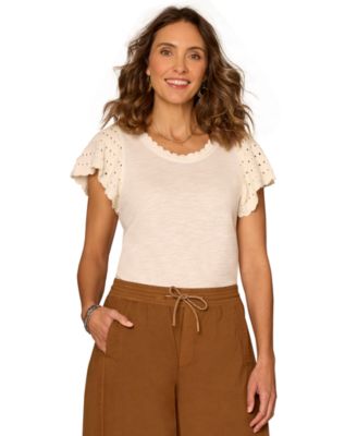 Petite Crochet-Trim Flutter-Sleeve Knit Top