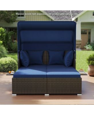 Outdoor Rattan Daybed with Retractable Canopy and Side Tables