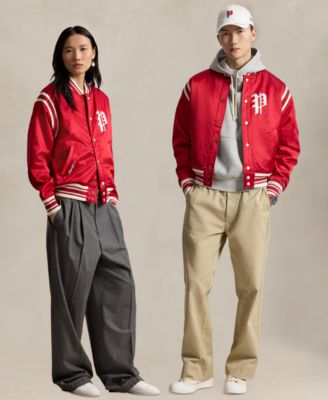 Unisex Striped Ribbed Baseball Collar Logo Patch Jacket
