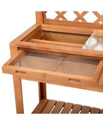 Garden Potting Bench Table Outdoor Wooden Workstation w/ Metal Screen