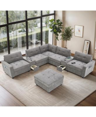 Sectional Sofa with  Ottoman, Storage, USB, Table Top