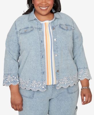 Plus Size Out of the Blue Floral Embroidered Scallop Trim Jacket