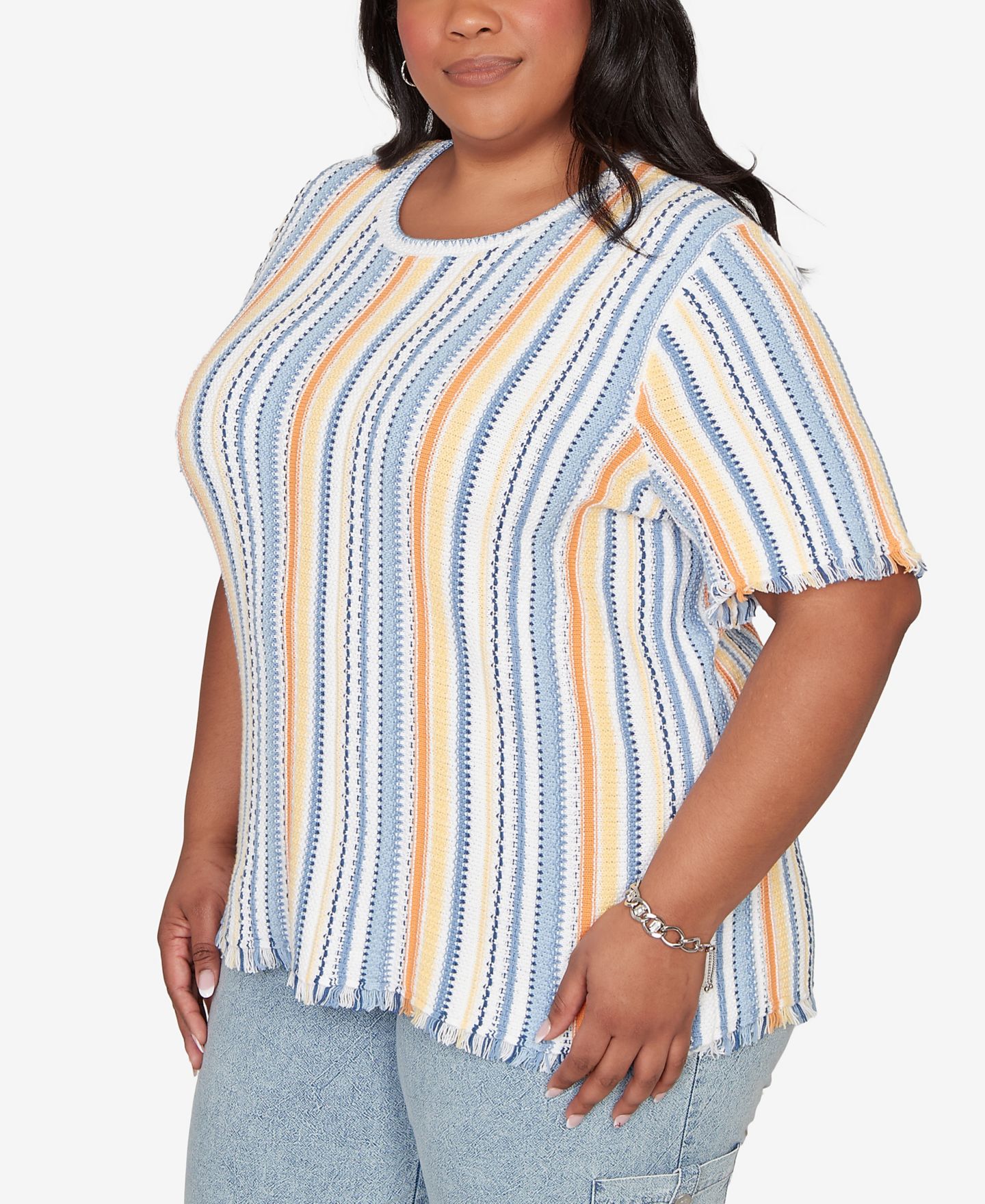 Женская футболка Alfred Dunner Plus Size Out of the Blue Textured Fringe Stripe, цвет: Синий разноцветный — фото 3