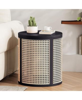 Round Solid Wood Nightstand, Hollow Woven Bedside Table, Compact Accent End Table for Living Room, Bedroom, Home Office