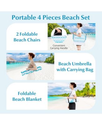 4-Piece Beach Umbrella Set with Two Foldable Chairs UPF 50+ Canopy and Picnic Blanket