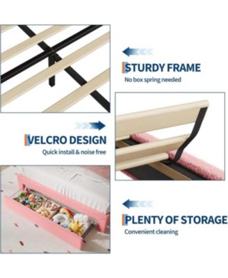 Upholstered LED Bed Frame with Storage Drawer, Wavy Headboard, Lamb Fleece Fabric, Wood Slats.