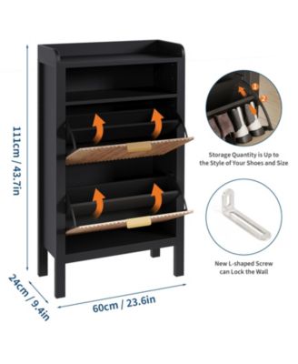 Fluted Shoe Cabinet with 2 Flip Drawers and Open Shelves, 23.6 x 9.4 x 43.7 in Slim Entryway Storage Organizer