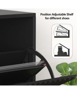 Fluted Shoe Cabinet with 2 Flip Drawers, Open Shelf and Side Hooks, Slim Entryway Storage for Hallway or Foyer