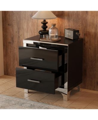 High Gloss Mirrored Nightstand with 2 Drawers and Metal Handle