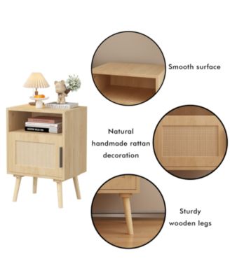 Oak Rattan Nightstand with Door and Open Shelf - Solid Wood Legs Accent End Table