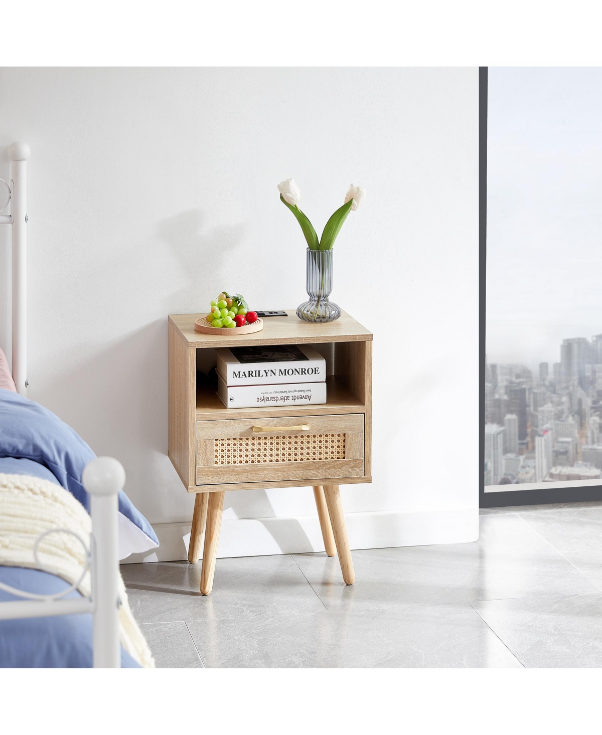 sumyeg Modern Rattan End Table with Power Outlet Usb Ports Drawer Solid Wood Legs