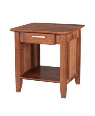 Rattan Nightstand End Table with Drawer and Storage Shelf