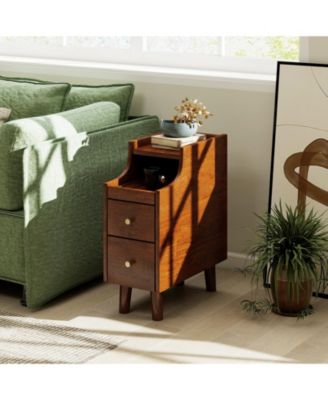 Solid Wood End Table Narrow Bedside Table with Pull-out Tray and 2 Storage Drawers