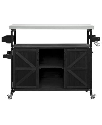 Outdoor Kitchen Island and Rolling Bar Cart, Farmhouse Solid Wood Grill Table with Stainless Steel Top, Spice Rack and Towel Rack